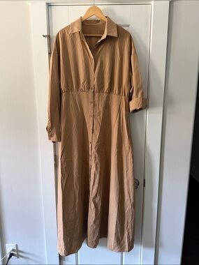 Long Button-Front Shirt Dress in Camel